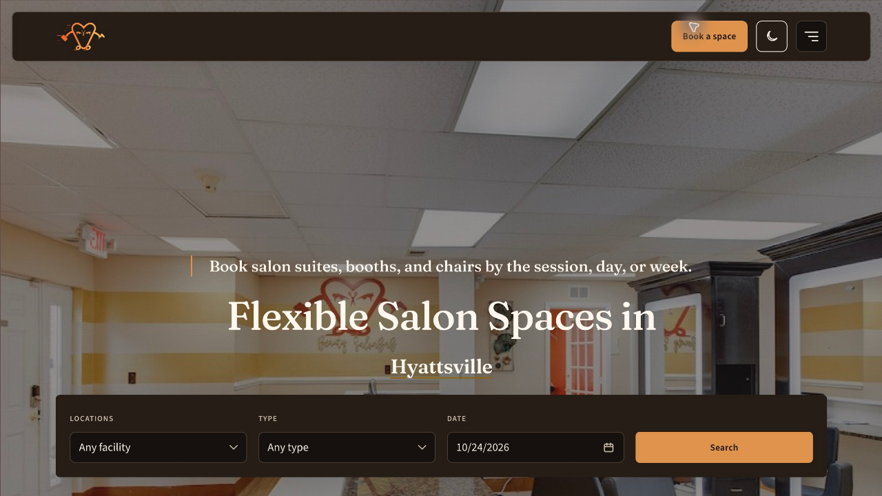 The new Beauty SalonBnB homepage with a salon photograph and a finder for location, space type, and date.